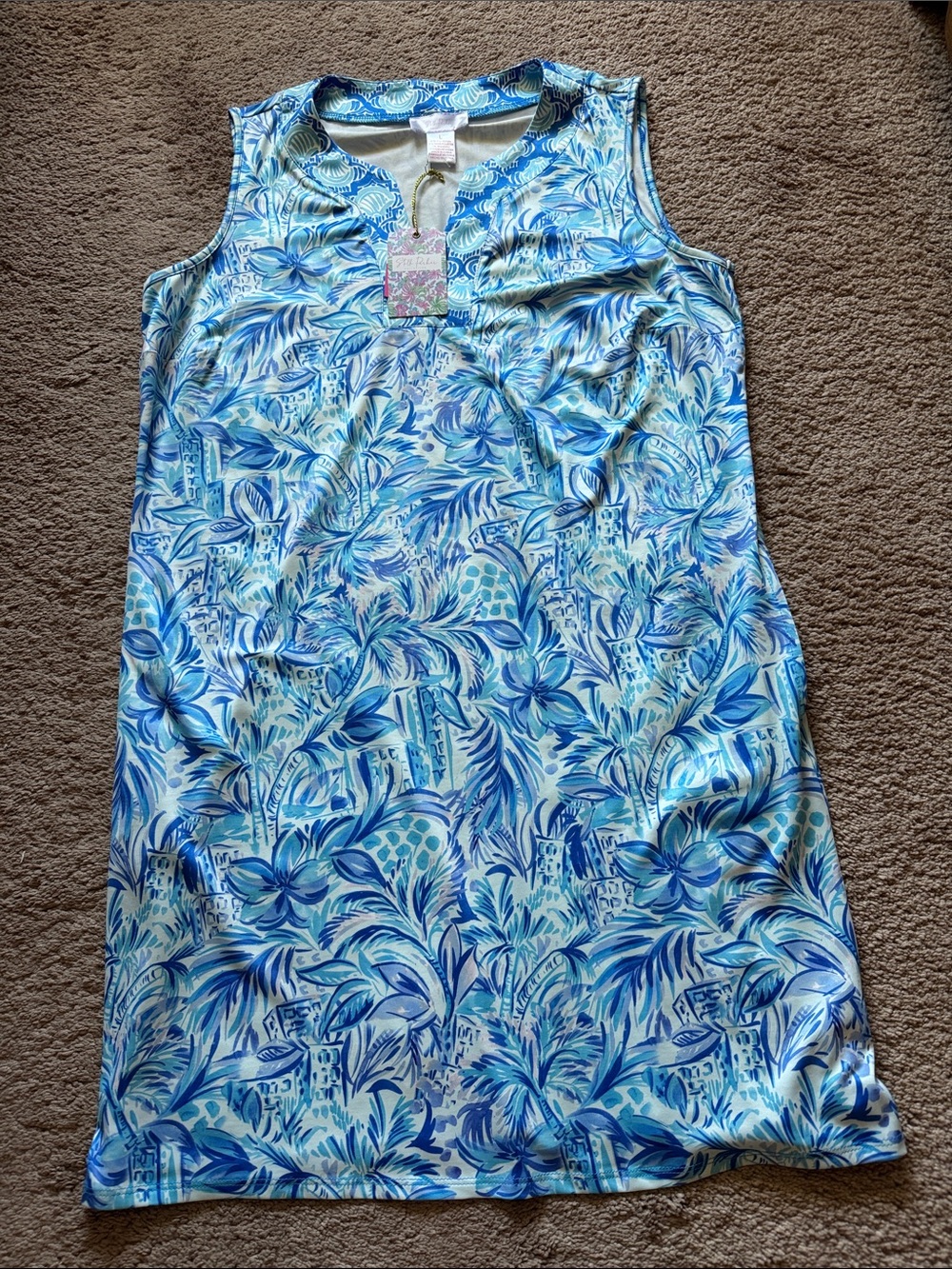 Sleeveless Midi Dress in Blue & White Tropical Print. Large.